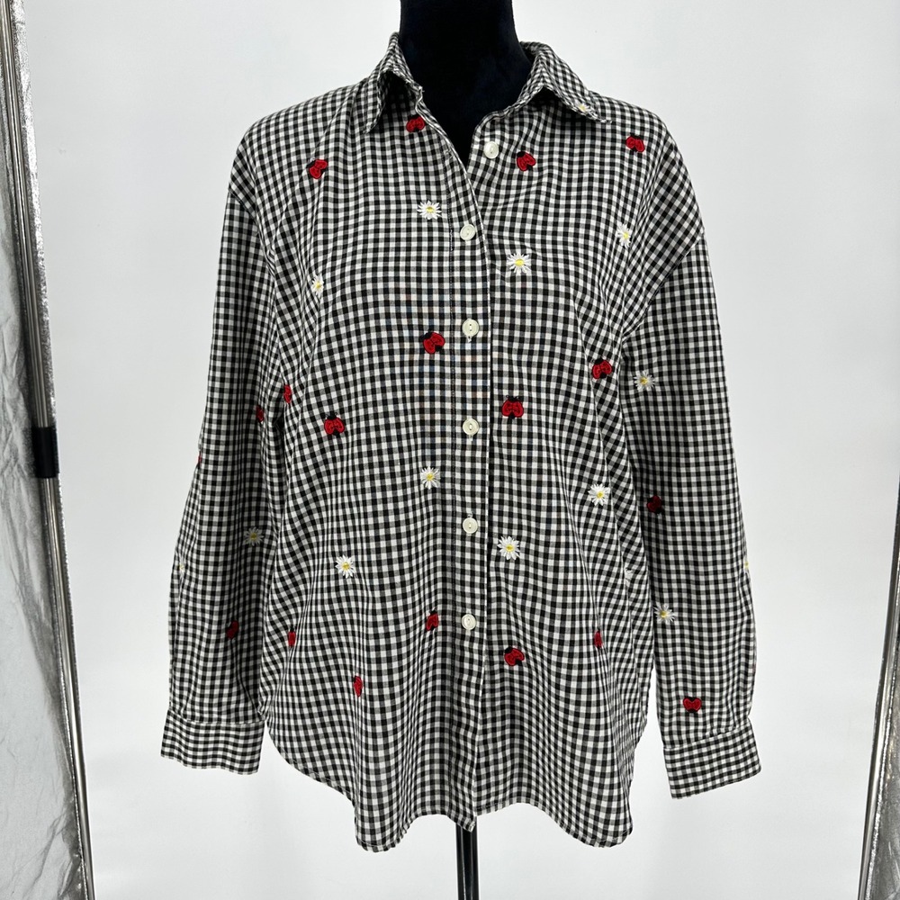 VTG Teddi Gingham Ladybug Daisy Embroidered Cottage Grandma Tunic Shirt M 90s